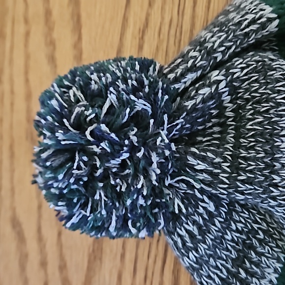Homage Cable Knit Winter Hat - Variegated gray, navy, green pom pom - Picture 2 of 7